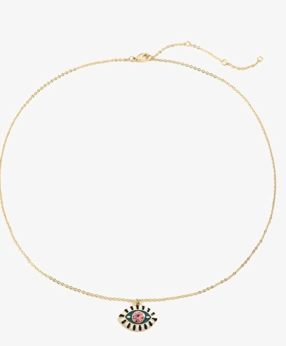 Evil eye pendant in 14K gold with enamel flooding design — stainless steel hypoallergenic necklace