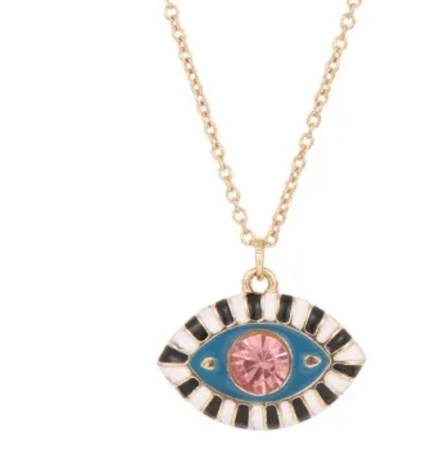 Gold evil eye pendant necklace with hand engraving enamel detail and pink faceted stone — protection jewelry