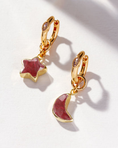 Stellar Ruby Crescent Earrings Celestial Ruby Style