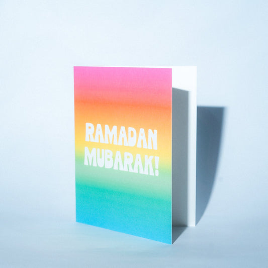 Greeting card with 'Ramadan Mubarak!' text on a gradient background
